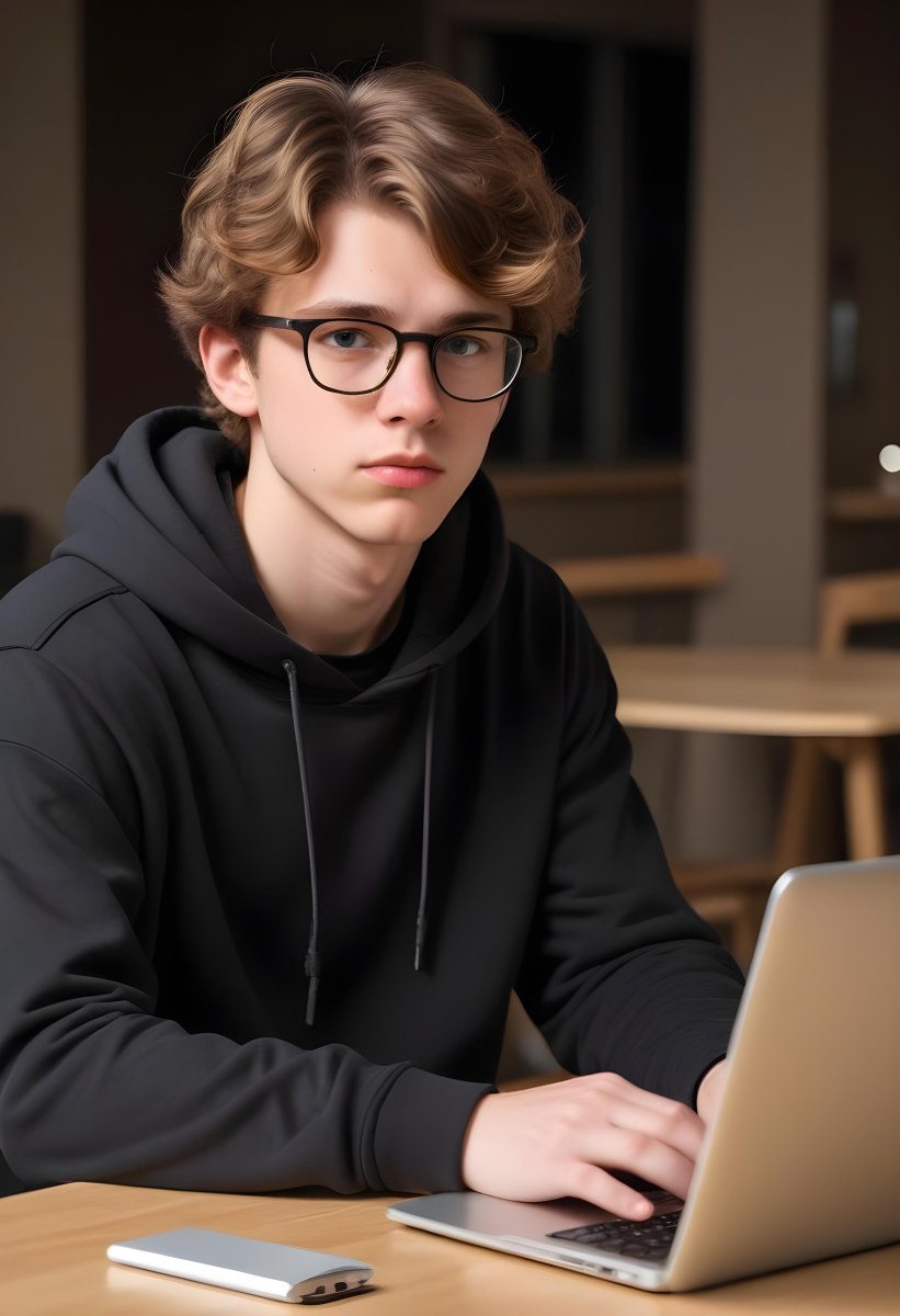 Young Caucasian Male Approximately 18 Years Old With Short Wavy Light Brown Hair And Glasses Wearing A Dark Hoodie Sitting In Front Of A Laptop With A Focused Expression In A Casual Indoor Environment 7 Debf