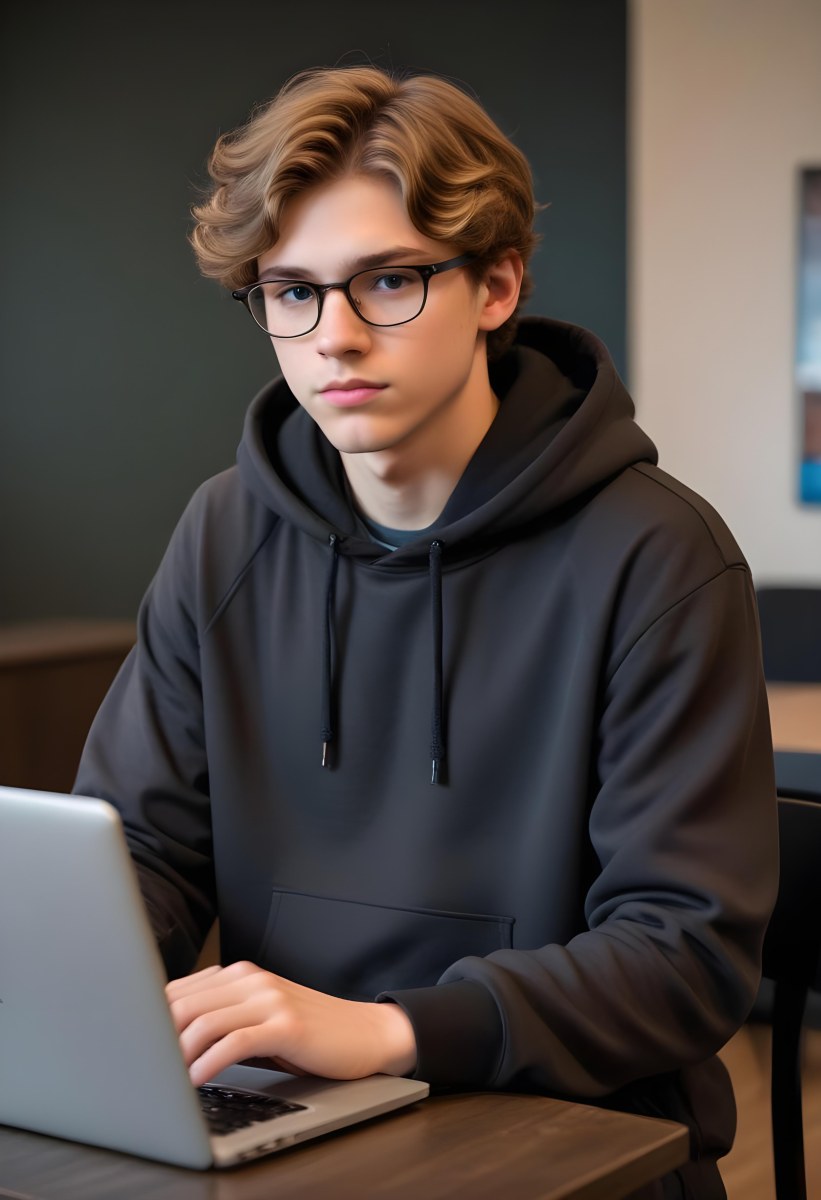 Young Caucasian Male Approximately 18 Years Old With Short Wavy Light Brown Hair And Glasses Wearing A Dark Hoodie Sitting In Front Of A Laptop With A Focused Expression In A Casual Indoor Environment 8 8860
