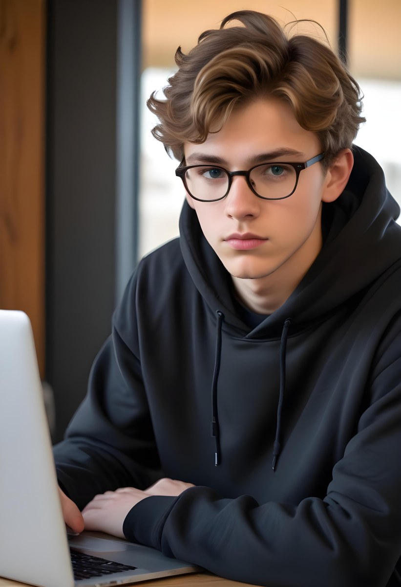 Young Caucasian Male Approximately 18 Years Old With Short Wavy Light Brown Hair And Glasses Wearing A Dark Hoodie Sitting In Front Of A Laptop With A Focused Expression In A Casual Indoor Environment 9 0f51