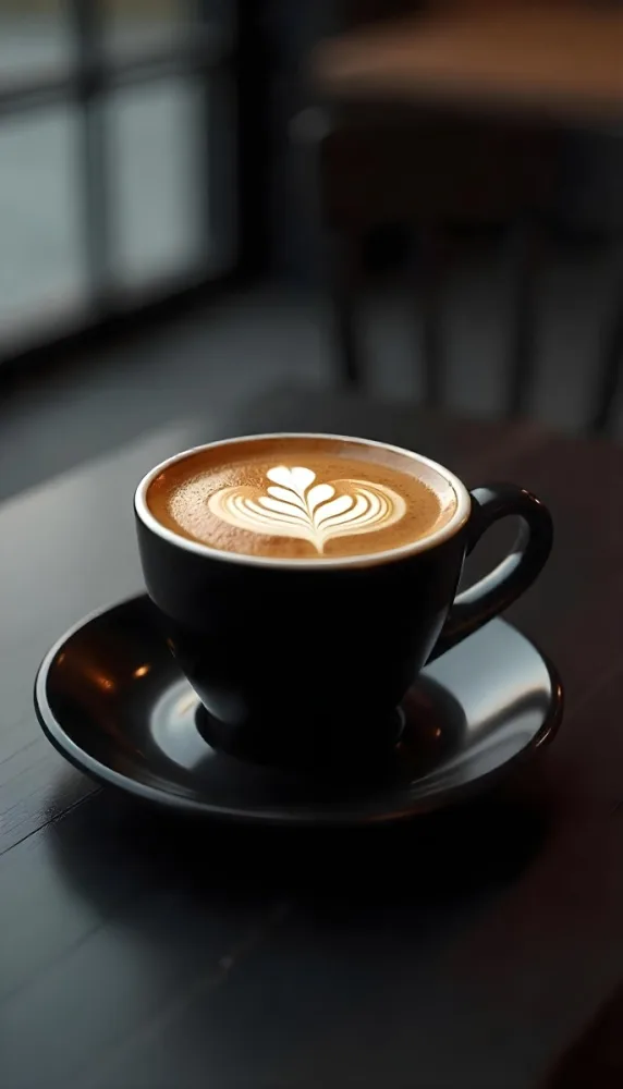 A Black Cup Of Coffee With Foam On A Black Plate On A Black Table 5 D165