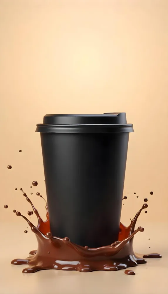 A Black Disposable Coffee Cup With A Black Lid Coffee Splashing Out Of The Bottom On A Black Background 12 047b