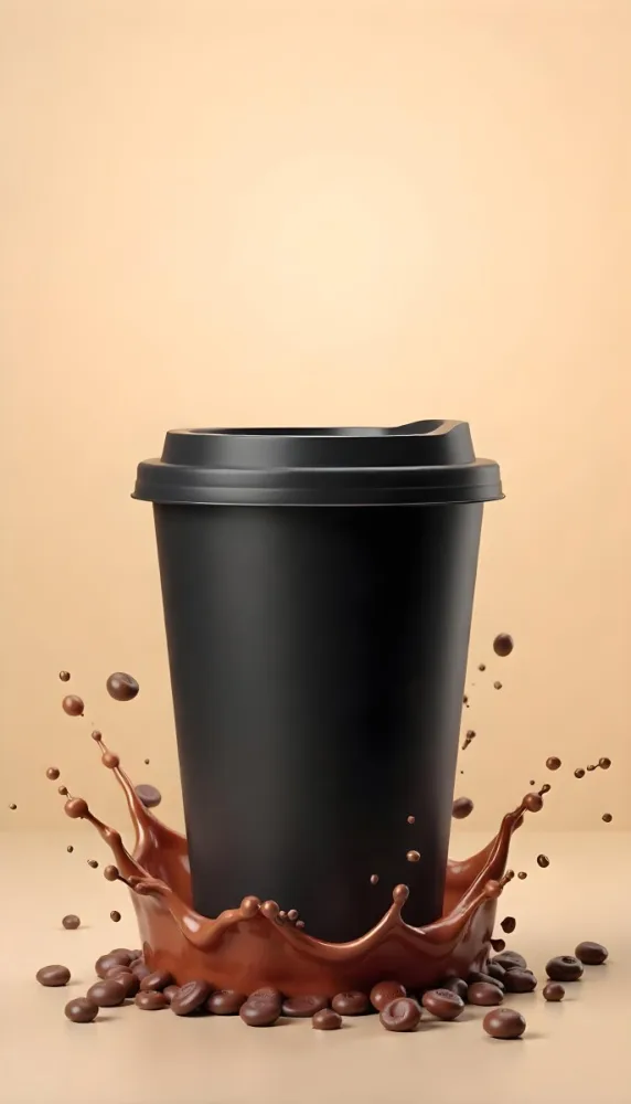 A Black Disposable Coffee Cup With A Black Lid Coffee Splashing Out Of The Bottom On A Black Background 14 Cc3d