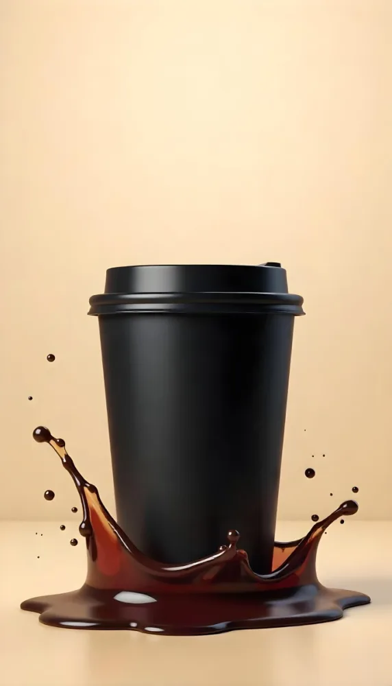 A Black Disposable Coffee Cup With A Black Lid Coffee Splashing Out Of The Bottom On A Black Background 16 317c