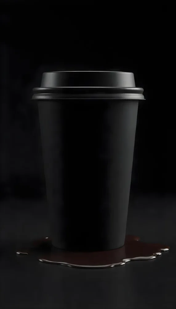 A Black Disposable Coffee Cup With A Black Lid Coffee Splashing Out Of The Bottom On A Black Background 19 1b8e