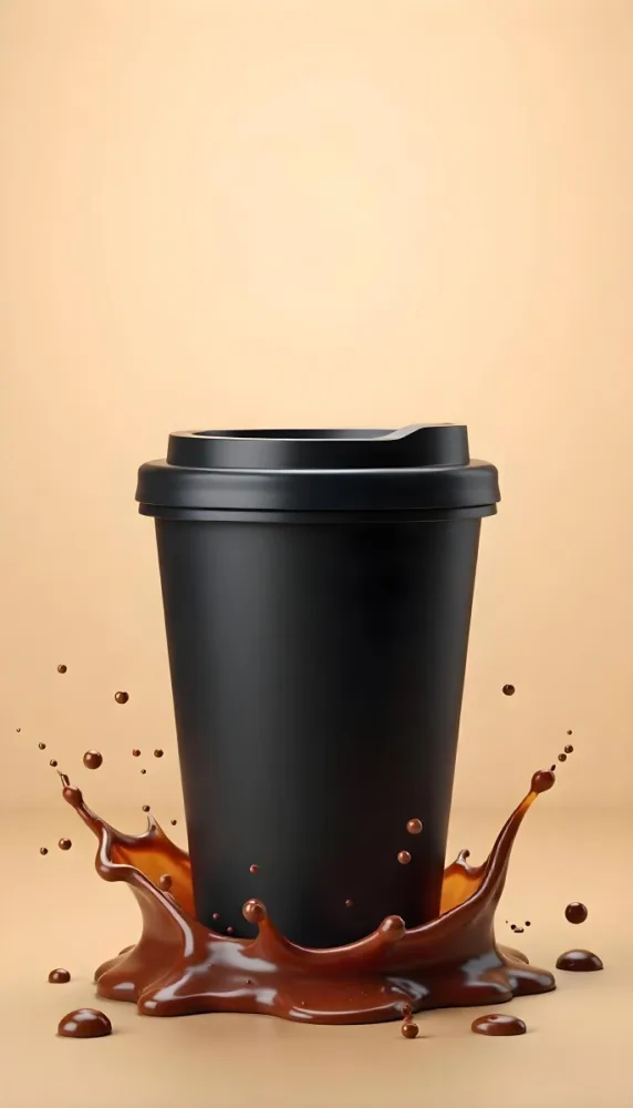 A Black Disposable Coffee Cup With A Black Lid Coffee Splashing Out Of The Bottom On A Black Background 20 9f5b