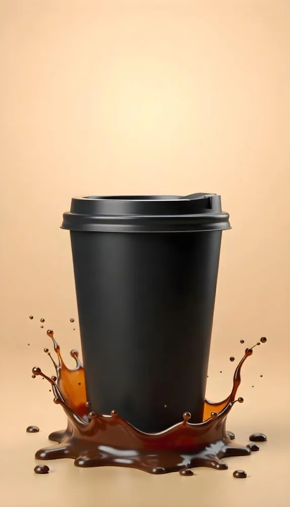 A Black Disposable Coffee Cup With A Black Lid Coffee Splashing Out Of The Bottom On A Black Background 22 E5ce