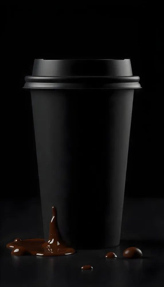 A Black Disposable Coffee Cup With A Black Lid Coffee Splashing Out Of The Bottom On A Black Background 25 6be3