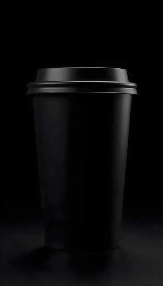 A Black Disposable Coffee Cup With A Black Lid Coffee Splashing Out Of The Bottom On A Black Background 31 0853