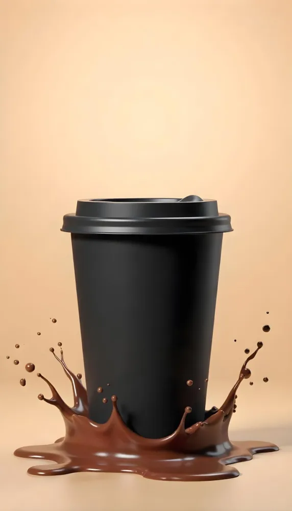 A Black Disposable Coffee Cup With A Black Lid Coffee Splashing Out Of The Bottom On A Black Background 32 C569