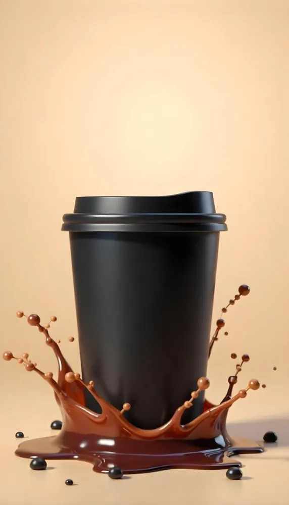 A Black Disposable Coffee Cup With A Black Lid Coffee Splashing Out Of The Bottom On A Black Background 4 F598