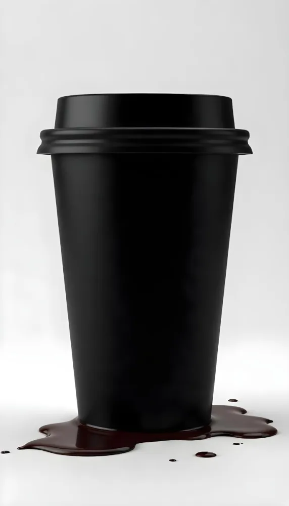 A Black Disposable Coffee Cup With A Black Lid Coffee Splashing Out Of The Bottom On A Black Background 6 8942