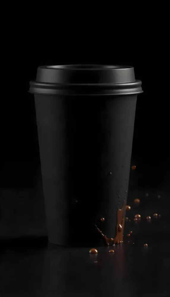 A Black Disposable Coffee Cup With A Black Lid Coffee Splashing Out Of The Bottom On A Black Background 7 F2a7