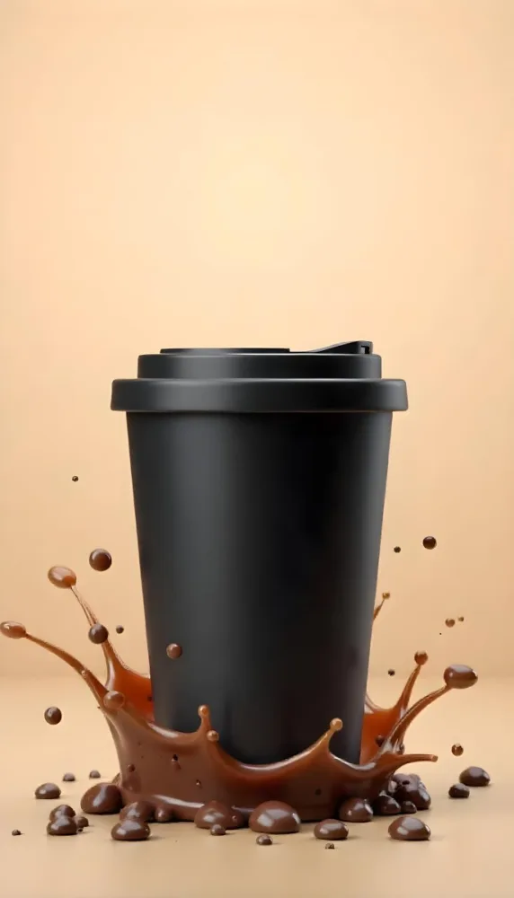 A Black Disposable Coffee Cup With A Black Lid Coffee Splashing Out Of The Bottom On A Black Background 8 1f8c