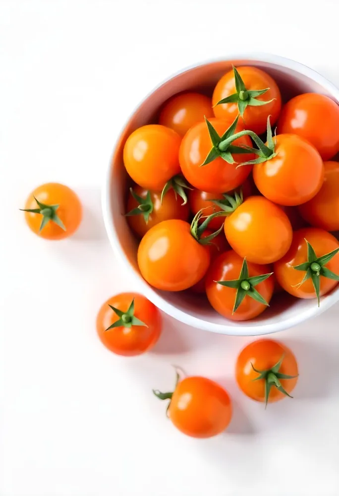A Bowl Full Of Orange Cherry Tomatoes With Orange Stems Some Tomatoes Scattered On A White Surface Bright Lighting Top Down View 12 D4d1