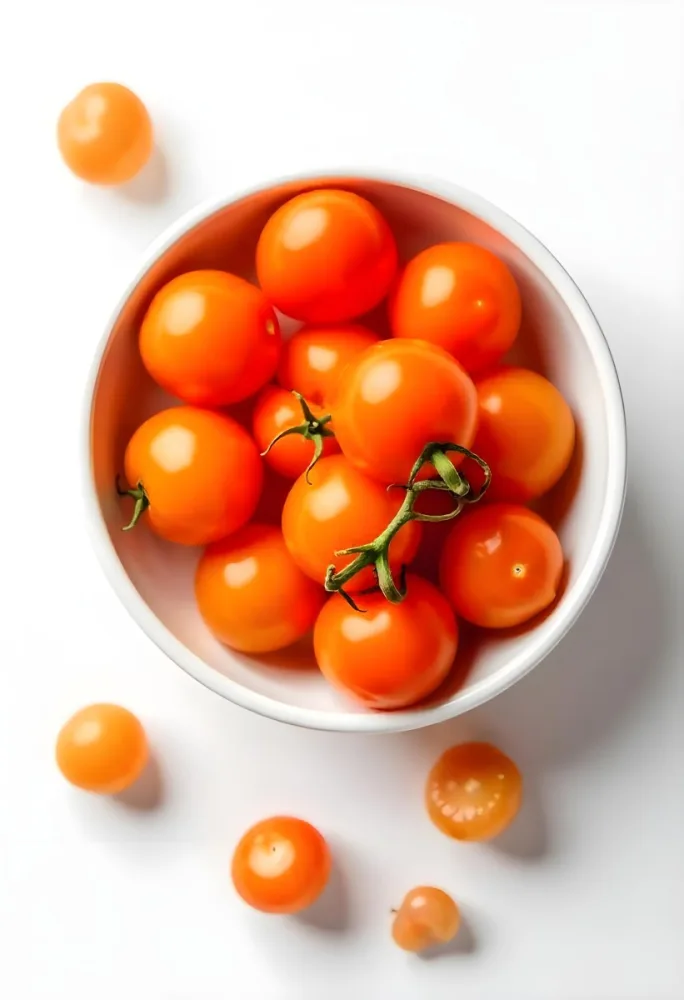 A Bowl Full Of Orange Cherry Tomatoes With Orange Stems Some Tomatoes Scattered On A White Surface Bright Lighting Top Down View 18 7c44