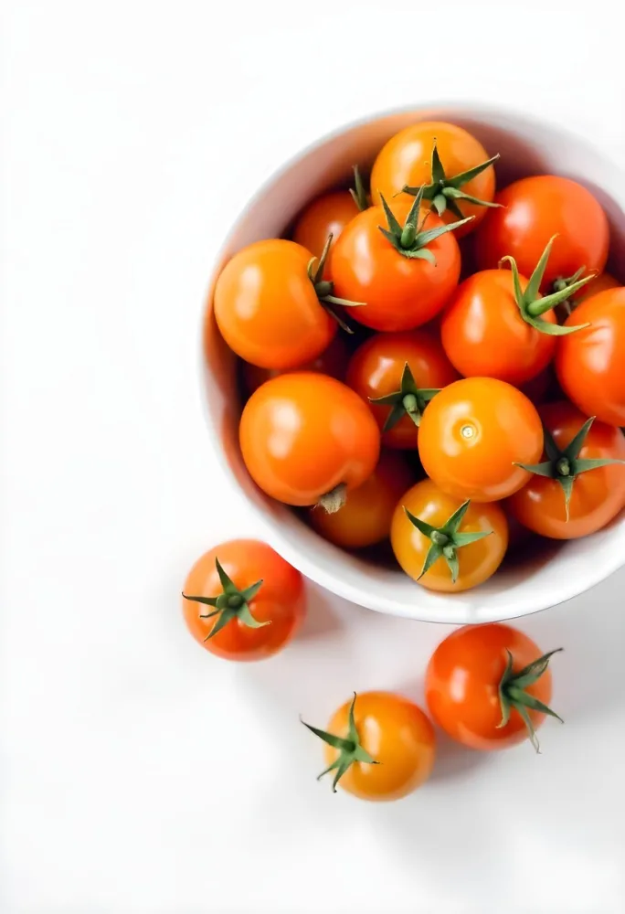 A Bowl Full Of Orange Cherry Tomatoes With Orange Stems Some Tomatoes Scattered On A White Surface Bright Lighting Top Down View 21 5f0e