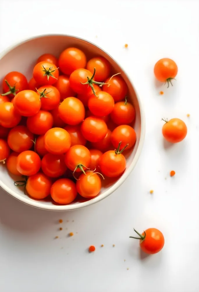 A Bowl Full Of Orange Cherry Tomatoes With Orange Stems Some Tomatoes Scattered On A White Surface Bright Lighting Top Down View 25 80c4