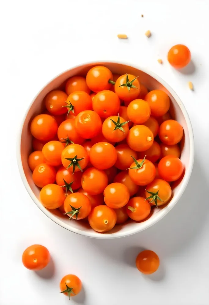 A Bowl Full Of Orange Cherry Tomatoes With Orange Stems Some Tomatoes Scattered On A White Surface Bright Lighting Top Down View 34 7e17
