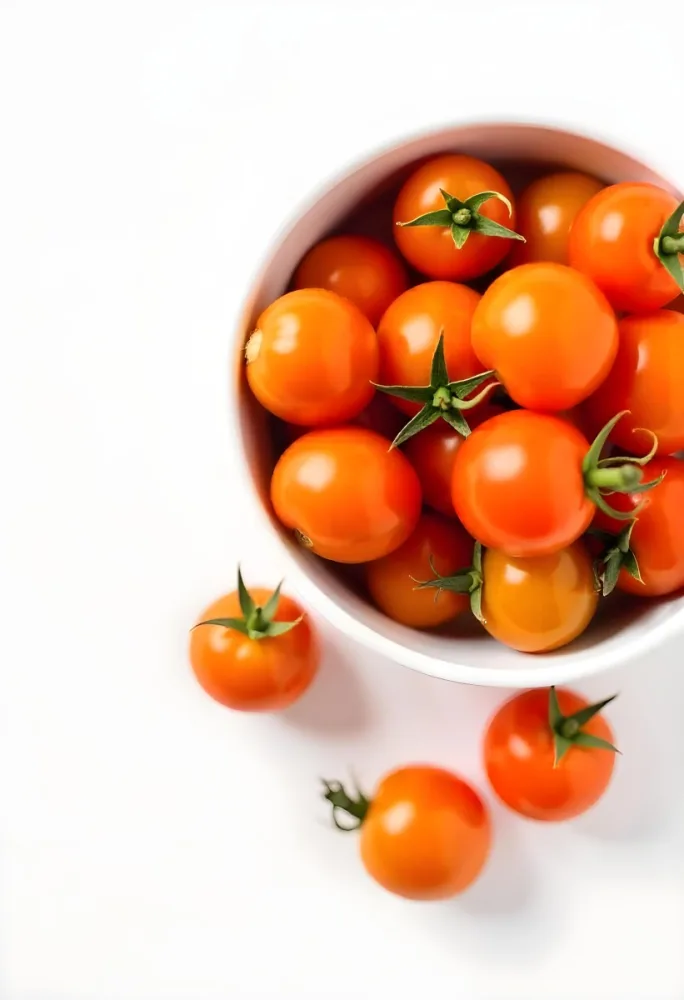 A Bowl Full Of Orange Cherry Tomatoes With Orange Stems Some Tomatoes Scattered On A White Surface Bright Lighting Top Down View 36 6312