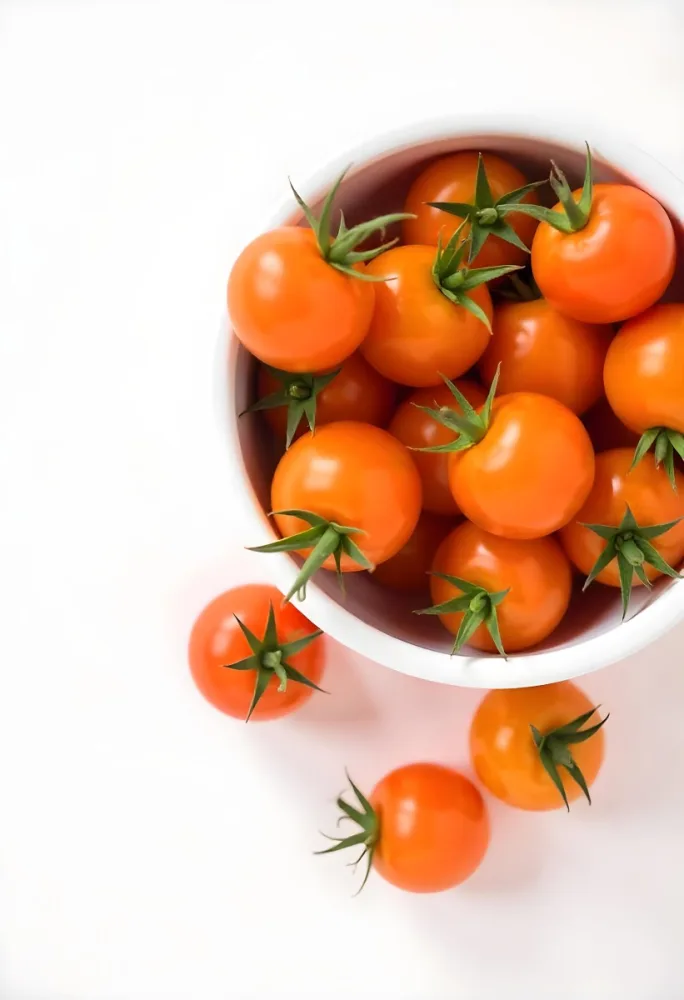 A Bowl Full Of Orange Cherry Tomatoes With Orange Stems Some Tomatoes Scattered On A White Surface Bright Lighting Top Down View 37 40ea