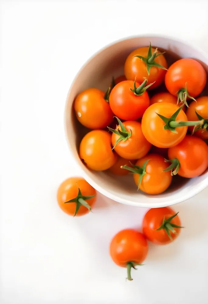 A Bowl Full Of Orange Cherry Tomatoes With Orange Stems Some Tomatoes Scattered On A White Surface Bright Lighting Top Down View 4 37b3