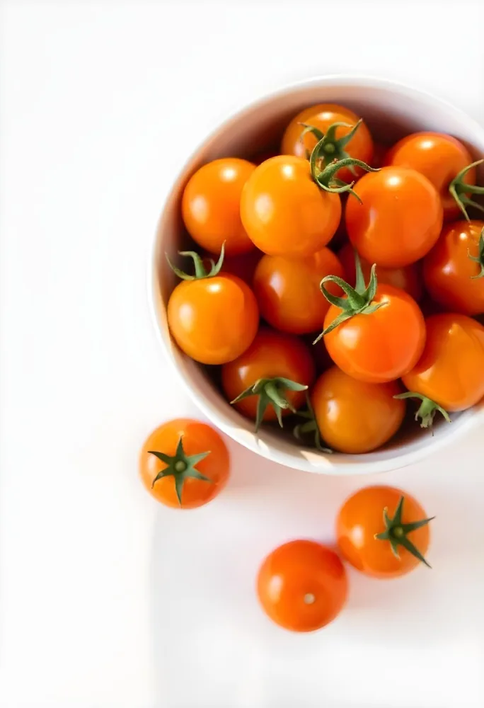 A Bowl Full Of Orange Cherry Tomatoes With Orange Stems Some Tomatoes Scattered On A White Surface Bright Lighting Top Down View 6 8932
