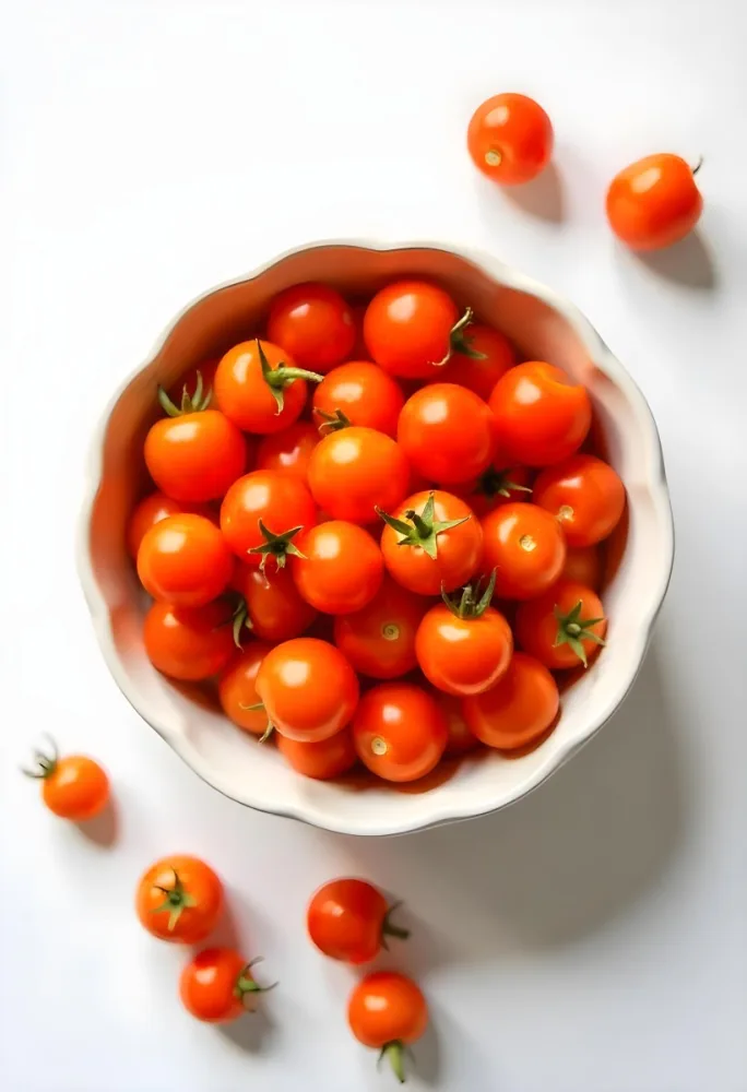 A Bowl Full Of Orange Cherry Tomatoes With Orange Stems Some Tomatoes Scattered On A White Surface Bright Lighting Top Down View 8 1f84