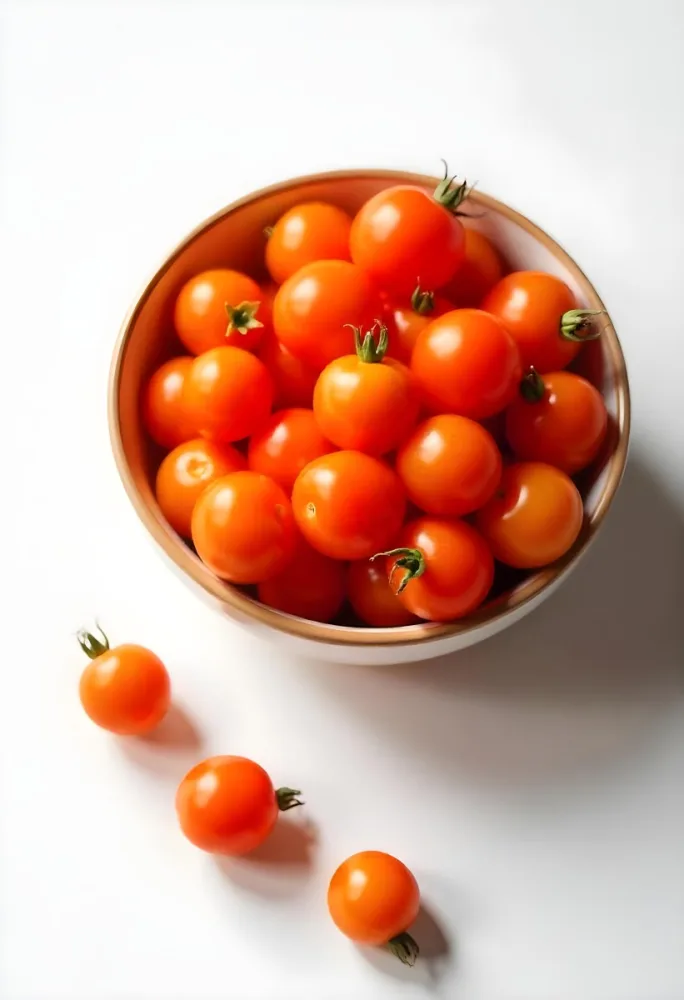 A Bowl Full Of Orange Cherry Tomatoes With Orange Stems Some Tomatoes Scattered On A White Surface Bright Lighting Top Down View 9 89b2