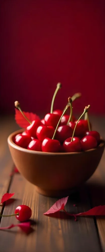A Bowl Full Of Red Cherries With A Red Leaf On A Wooden Table With A Blurred Red Background 6 18f6