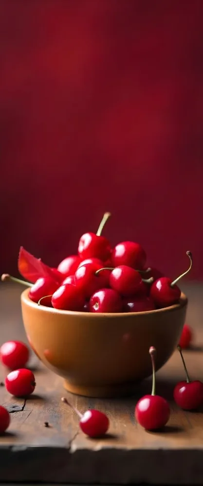 A Bowl Full Of Red Cherries With A Red Leaf On A Wooden Table With A Blurred Red Background 8 D699