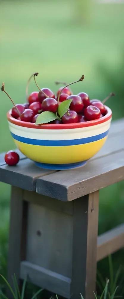 A Bowl Full Of Red Cherries With A Red Leaf On A Wooden Table With A Blurred Red Background 9 468d