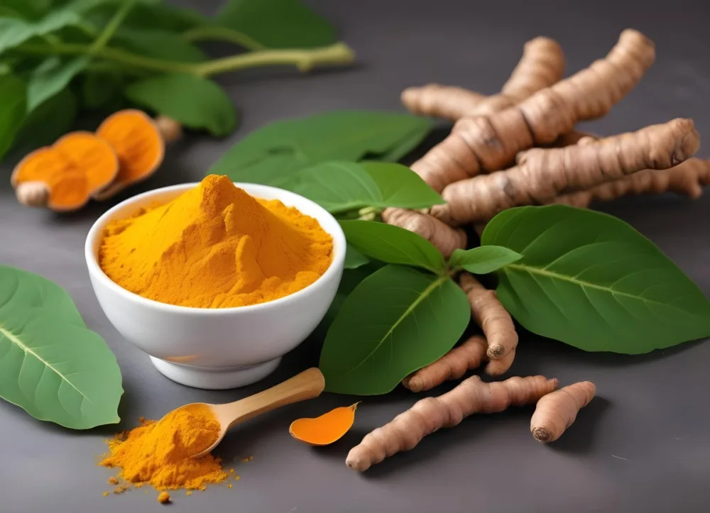 A Bowl Of Bright Yellow Turmeric Powder Surrounded By Fresh Turmeric Roots And Leaves 3 4fb9