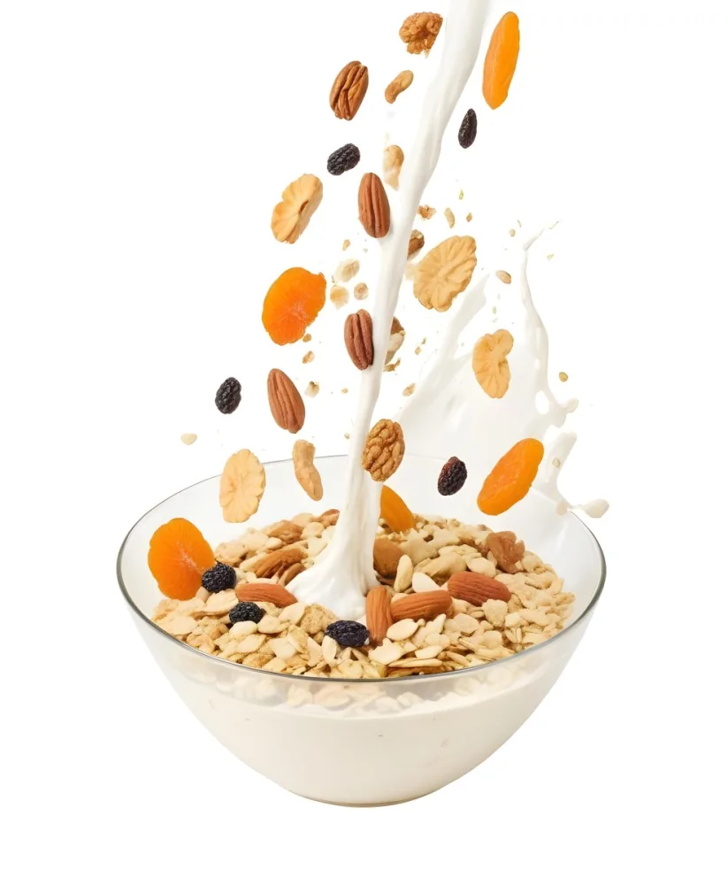 A Bowl Of Granola With Various Dried Fruits And Nuts Falling Into It Including Raisins Apricots Almonds And Pecans 4 8d85