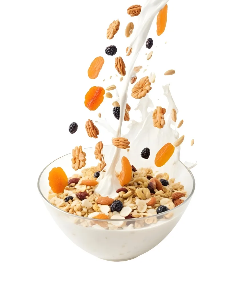 A Bowl Of Granola With Various Dried Fruits And Nuts Falling Into It Including Raisins Apricots Almonds And Pecans 5 E2c2