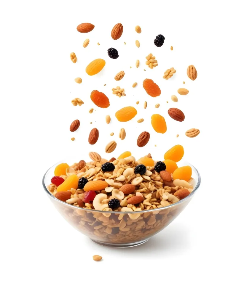 A Bowl Of Granola With Various Dried Fruits And Nuts Falling Into It Including Raisins Apricots Almonds And Pecans 6 2cd5