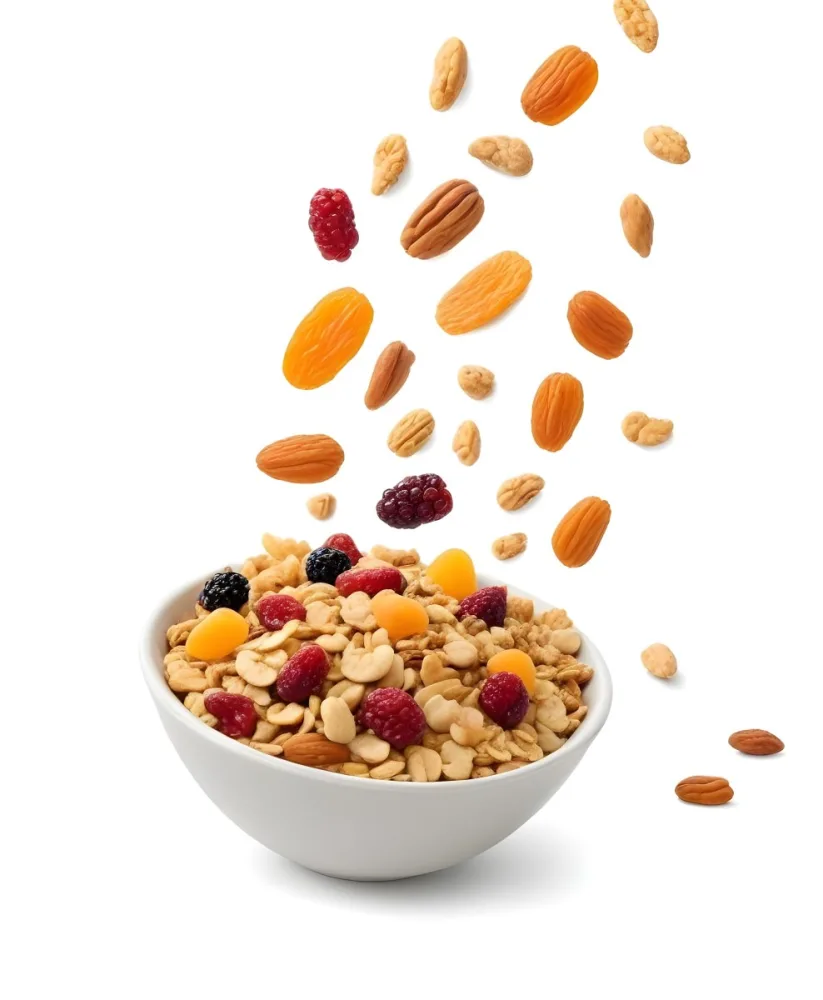 A Bowl Of Granola With Various Dried Fruits And Nuts Falling Into It Including Raisins Apricots Almonds And Pecans 7 C855