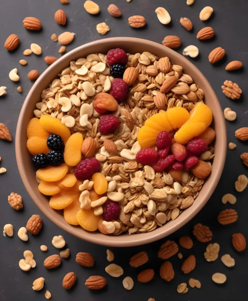 A Bowl Of Granola With Various Dried Fruits And Nuts Falling Into It Including Raisins Apricots Almonds And Pecans 8 F603