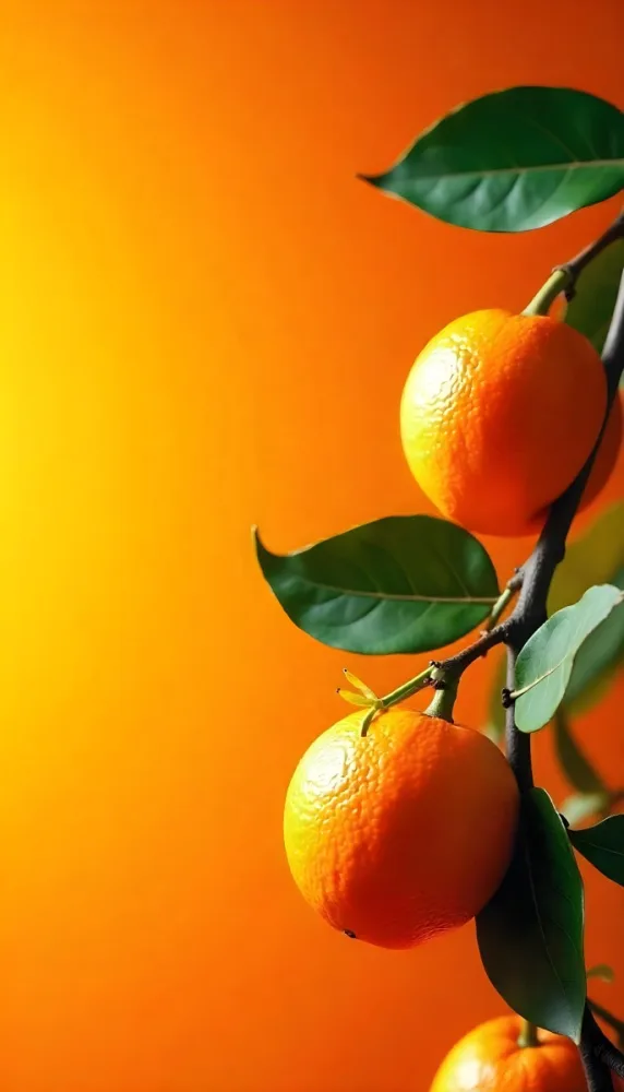 A Branch With Four Oranges And Orange Leaves Bright Light On The Right Side Green Background 18 1d50