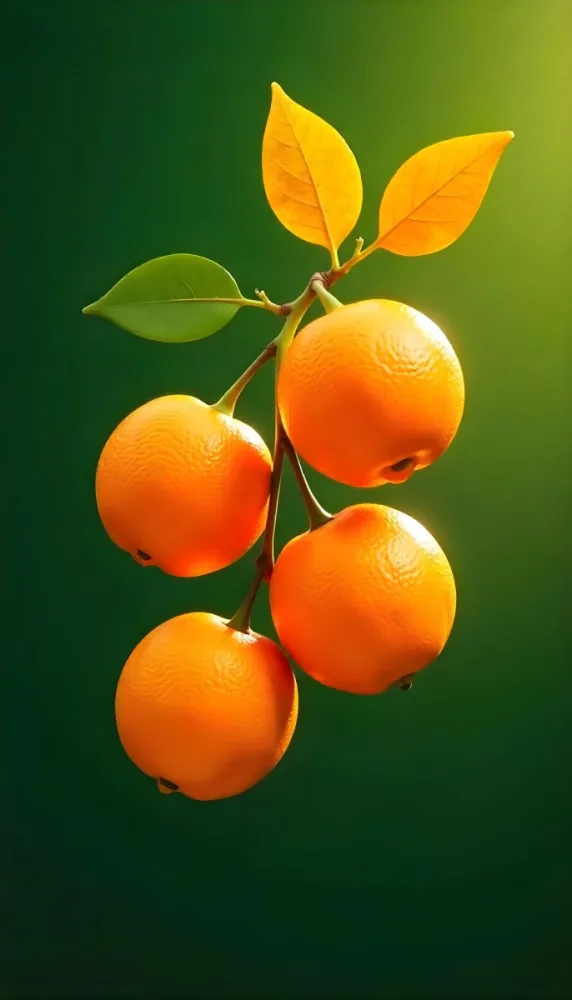 A Branch With Four Oranges And Orange Leaves Bright Light On The Right Side Green Background 23 Ce30