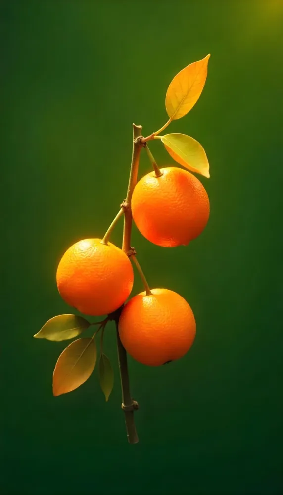 A Branch With Four Oranges And Orange Leaves Bright Light On The Right Side Green Background 27 6379