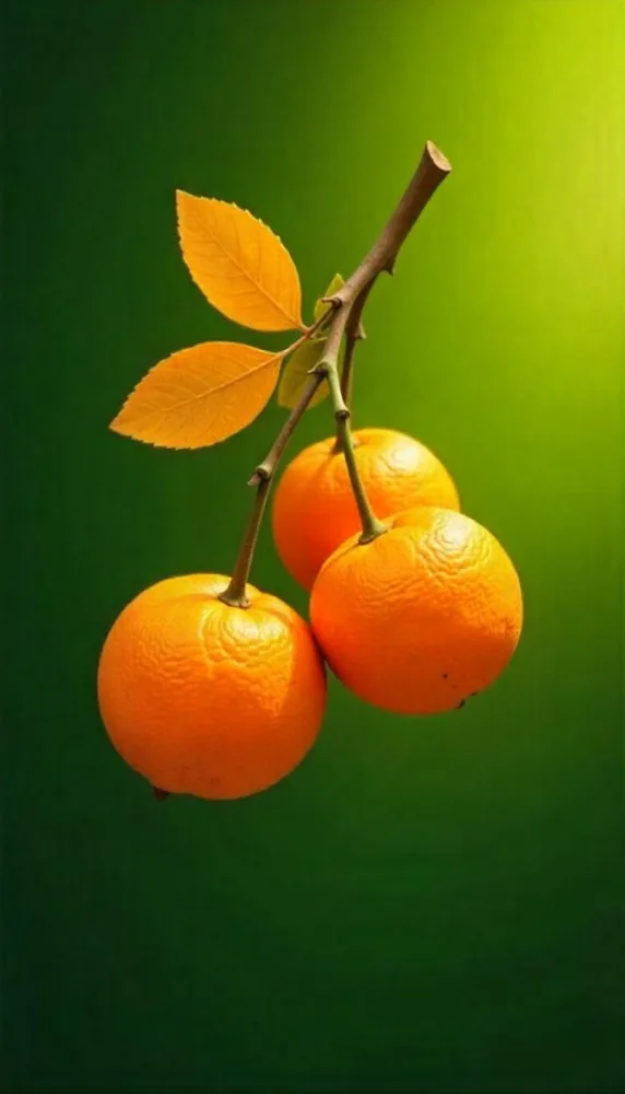 A Branch With Four Oranges And Orange Leaves Bright Light On The Right Side Green Background 36 Cf45