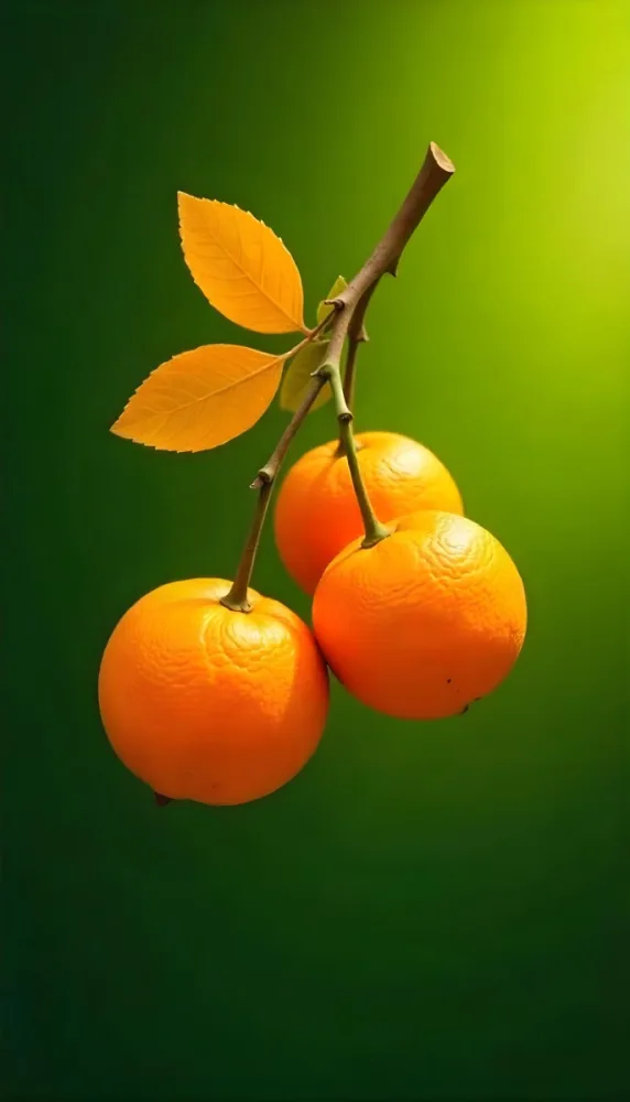 A Branch With Four Oranges And Orange Leaves Bright Light On The Right Side Green Background 38 503b