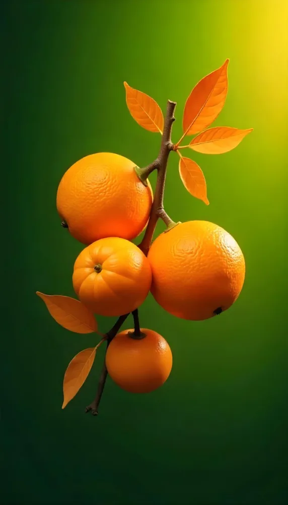 A Branch With Four Oranges And Orange Leaves Bright Light On The Right Side Green Background 39 41f0