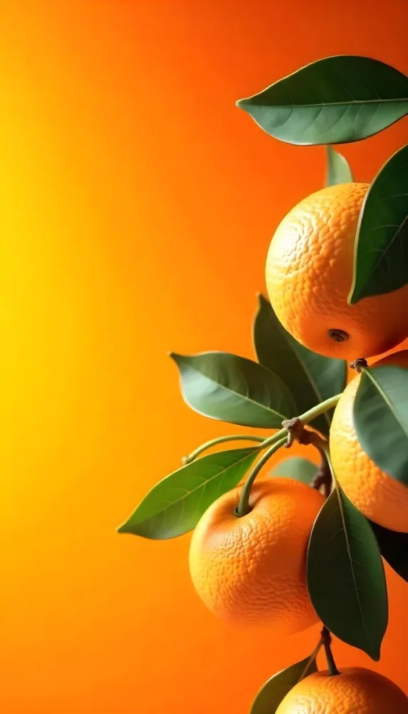 A Branch With Four Oranges And Orange Leaves Bright Light On The Right Side Green Background 40 Dcb9