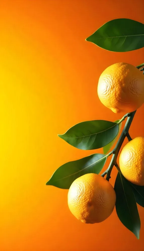 A Branch With Four Oranges And Orange Leaves Bright Light On The Right Side Green Background 42 5e9f