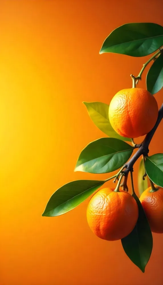 A Branch With Four Oranges And Orange Leaves Bright Light On The Right Side Green Background 43 25d7