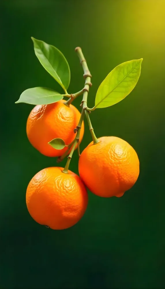 A Branch With Four Oranges And Orange Leaves Bright Light On The Right Side Green Background 9 4cf1