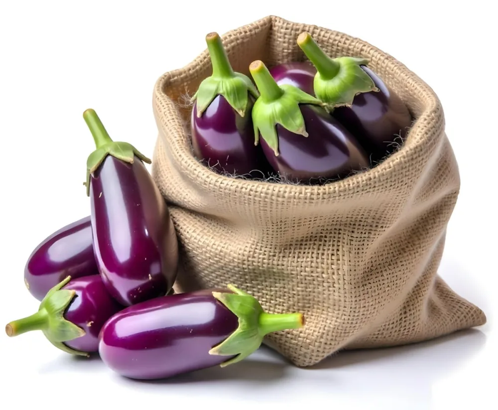 A Burlap Sack Filled With Fresh Purple Eggplants And Green Stems 12 0c61