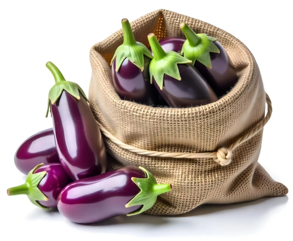 A Burlap Sack Filled With Fresh Purple Eggplants And Green Stems 13 6518