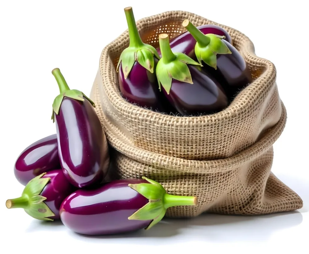 A Burlap Sack Filled With Fresh Purple Eggplants And Green Stems 16 C75f